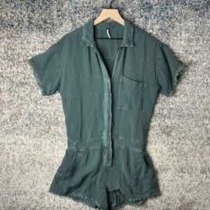 YFB Romper Womens Medium Green Short‎ Sleeve Button Front Frayed Hem One Piece